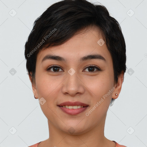 Joyful asian young-adult female with short  brown hair and brown eyes