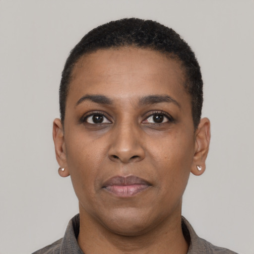 Neutral black young-adult female with short  black hair and brown eyes