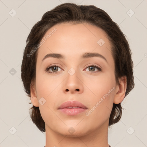 Neutral white young-adult female with medium  brown hair and brown eyes