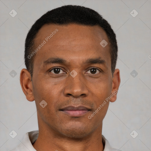 Joyful black young-adult male with short  black hair and brown eyes