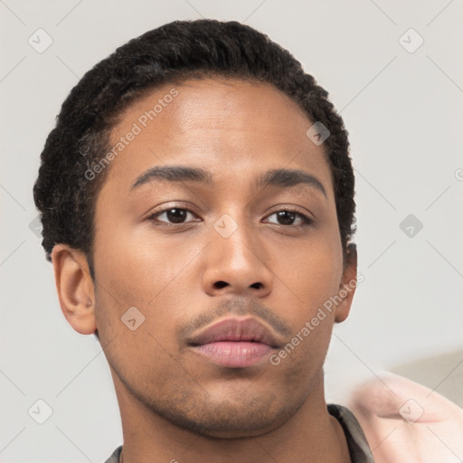 Neutral latino young-adult male with short  brown hair and brown eyes