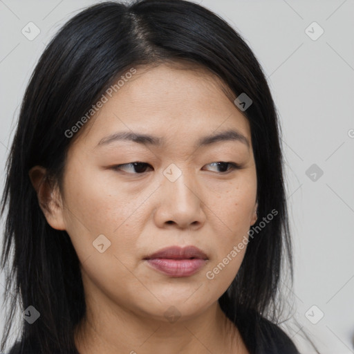 Joyful asian young-adult female with long  brown hair and brown eyes