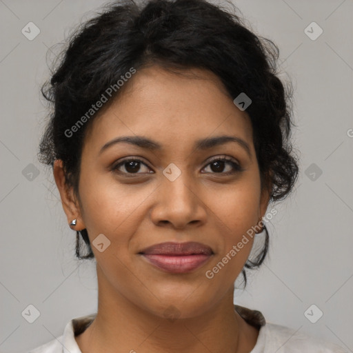 Joyful latino young-adult female with short  brown hair and brown eyes