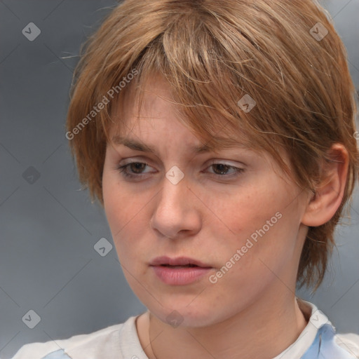 Neutral white young-adult female with medium  brown hair and brown eyes