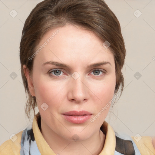 Neutral white young-adult female with medium  brown hair and grey eyes