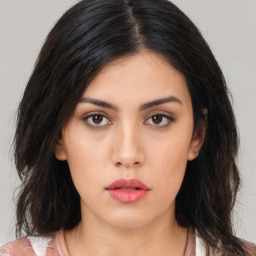 Neutral asian young-adult female with long  black hair and brown eyes