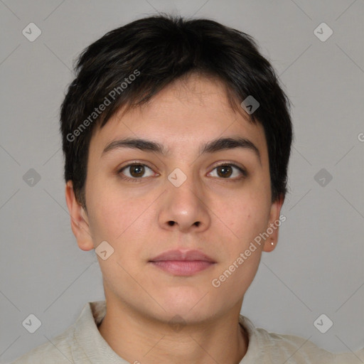 Neutral white young-adult female with short  brown hair and brown eyes