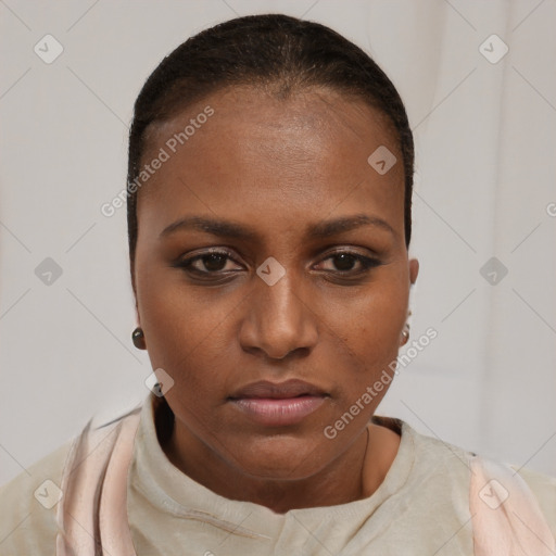 Neutral black young-adult female with short  brown hair and brown eyes
