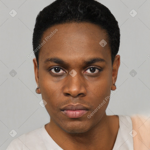 Neutral black young-adult male with short  black hair and brown eyes