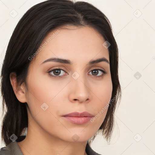 Neutral white young-adult female with medium  brown hair and brown eyes