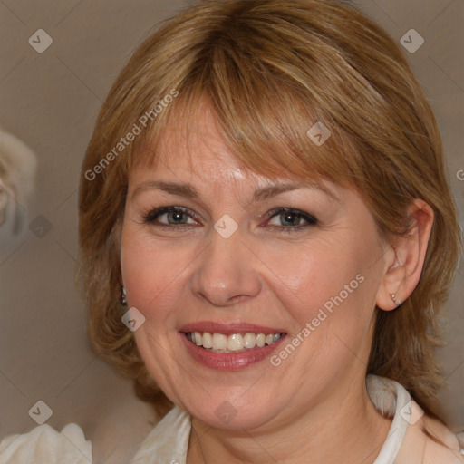 Joyful white adult female with medium  brown hair and blue eyes