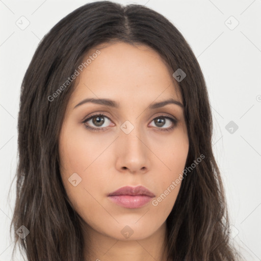 Neutral asian young-adult female with long  brown hair and brown eyes