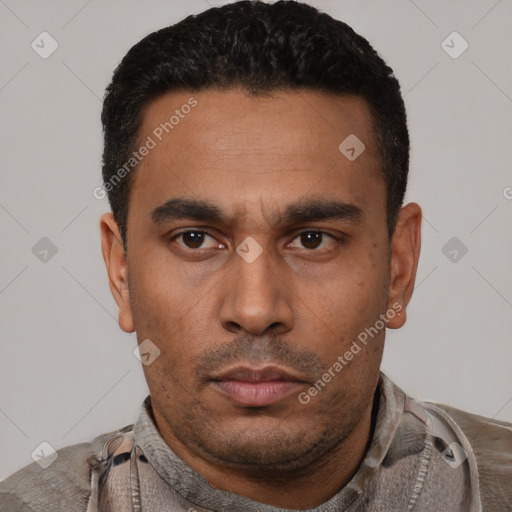 Neutral latino young-adult male with short  black hair and brown eyes