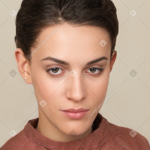 Neutral white young-adult female with short  brown hair and brown eyes