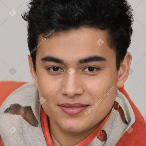 Joyful latino young-adult male with short  brown hair and brown eyes