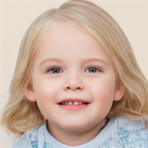 Joyful white child female with medium  brown hair and blue eyes