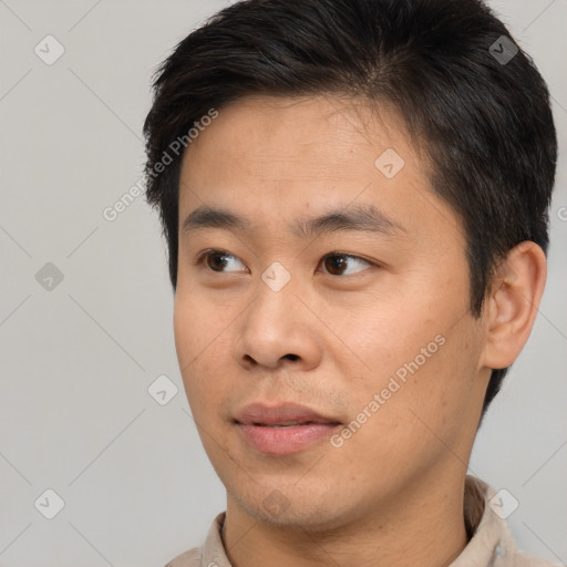 Neutral asian young-adult male with short  brown hair and brown eyes