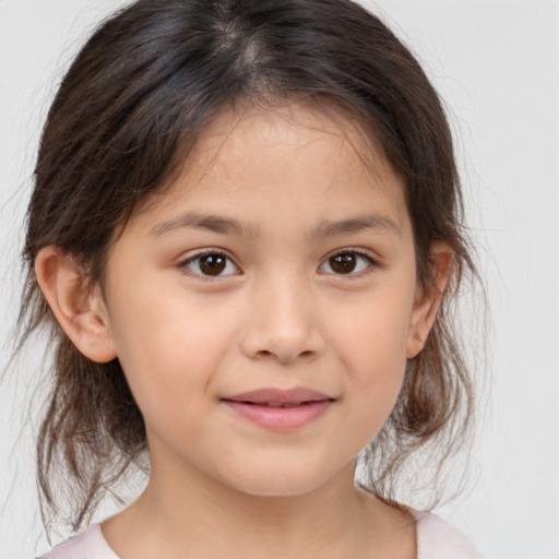 Joyful white child female with medium  brown hair and brown eyes