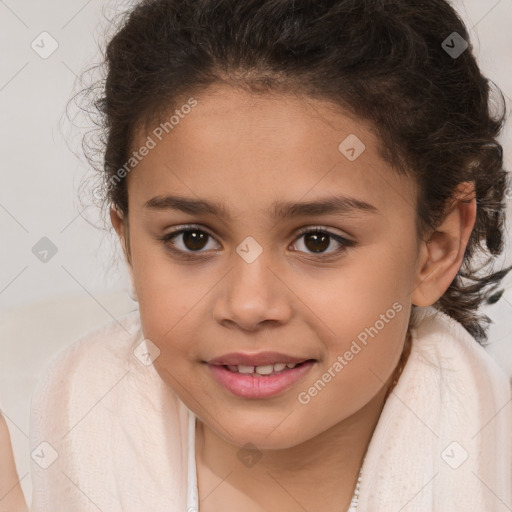 Joyful white child female with medium  brown hair and brown eyes