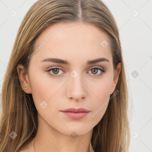 Neutral white young-adult female with long  brown hair and brown eyes