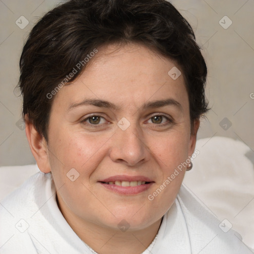 Joyful white adult female with short  brown hair and brown eyes