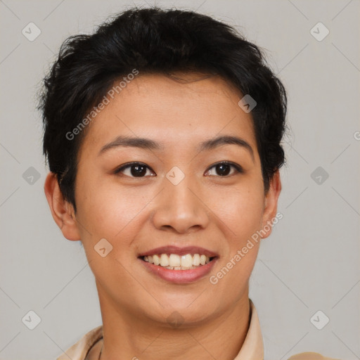 Joyful asian young-adult female with short  black hair and brown eyes