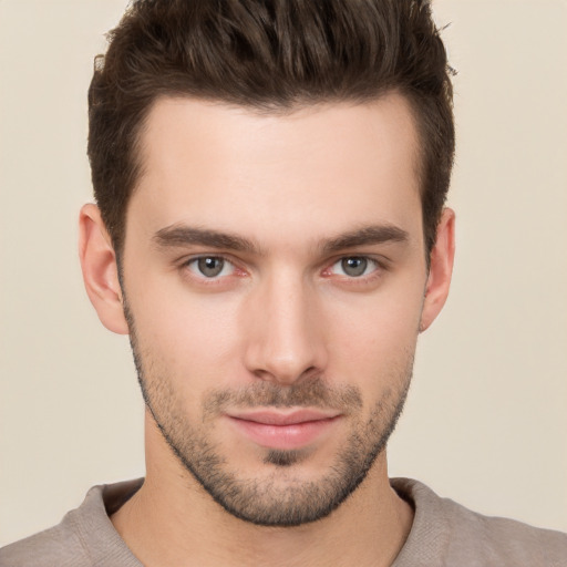 Neutral white young-adult male with short  brown hair and brown eyes