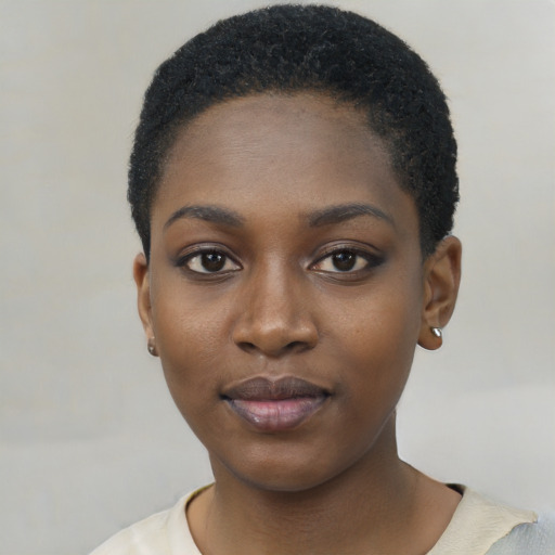 Neutral black young-adult female with short  black hair and brown eyes