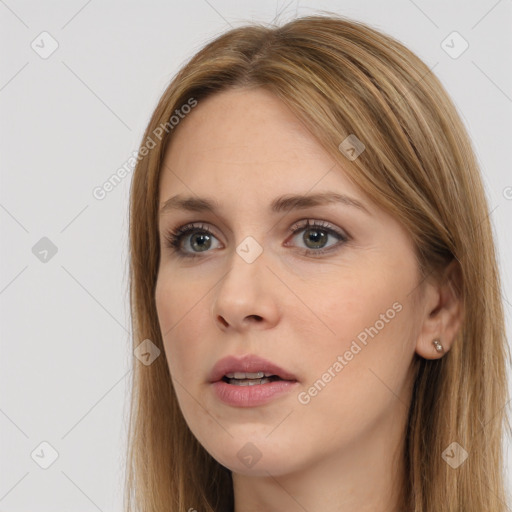 Neutral white young-adult female with long  brown hair and brown eyes