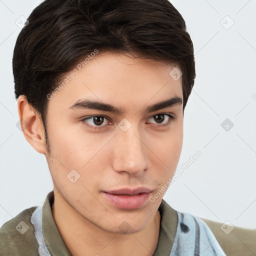 Neutral white young-adult male with short  brown hair and brown eyes