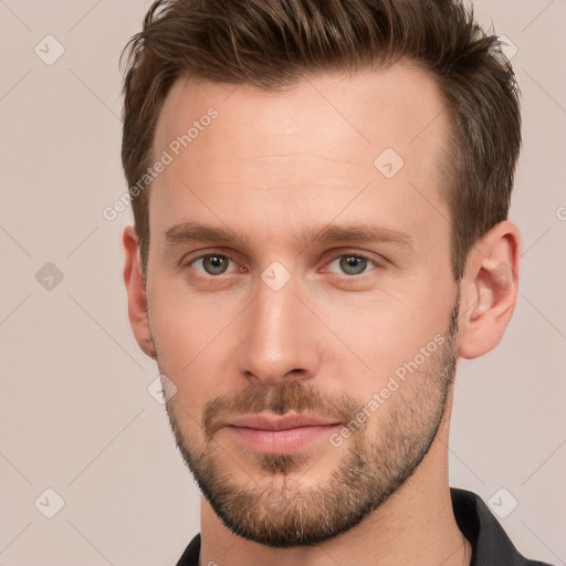 Neutral white young-adult male with short  brown hair and grey eyes