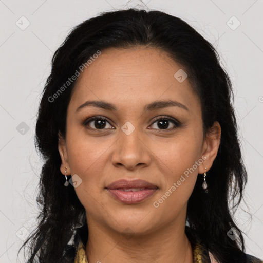 Joyful latino young-adult female with long  brown hair and brown eyes