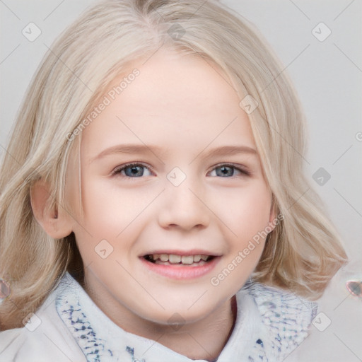 Joyful white child female with medium  brown hair and blue eyes