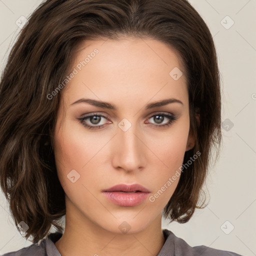 Neutral white young-adult female with medium  brown hair and brown eyes