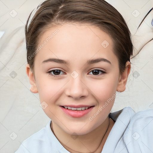 Joyful white child female with medium  brown hair and brown eyes