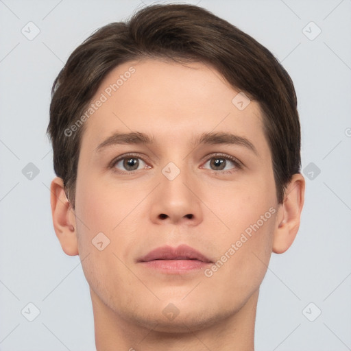 Neutral white young-adult male with short  brown hair and brown eyes