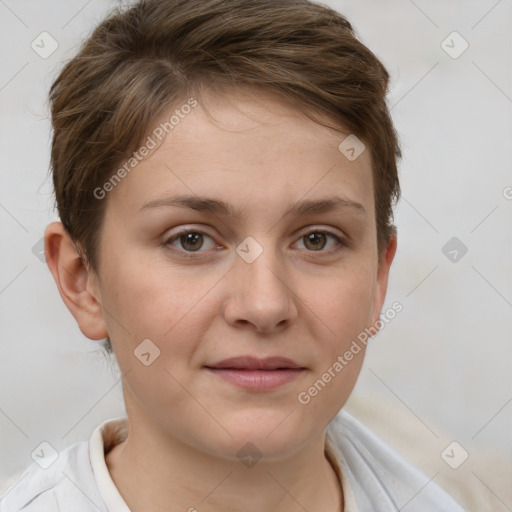 Joyful white young-adult female with short  brown hair and grey eyes