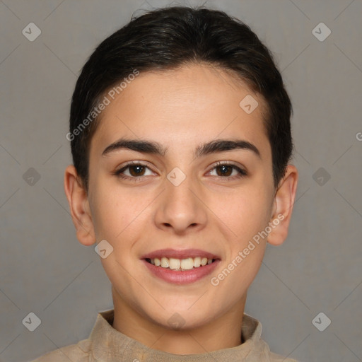 Joyful white young-adult female with short  brown hair and brown eyes