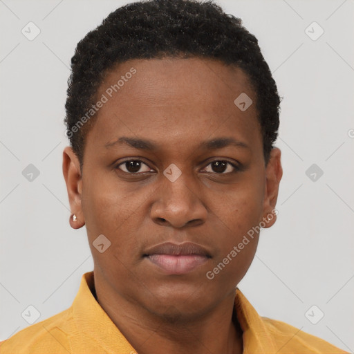 Neutral black young-adult female with short  brown hair and brown eyes