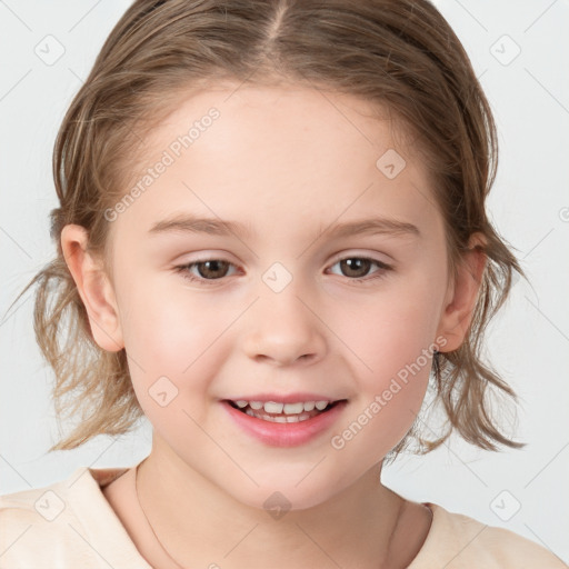 Joyful white child female with medium  brown hair and grey eyes