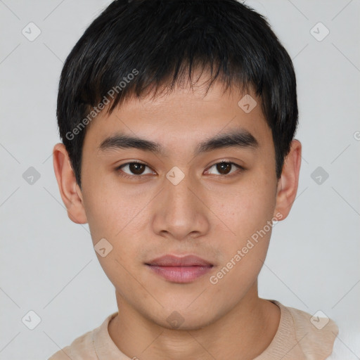 Neutral asian young-adult male with short  black hair and brown eyes