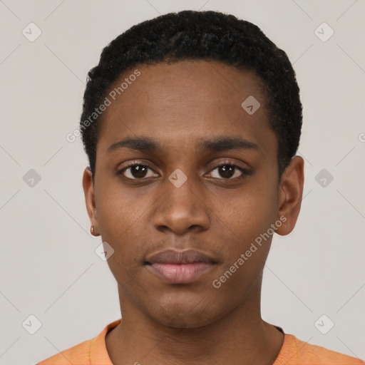 Neutral black young-adult male with short  black hair and brown eyes