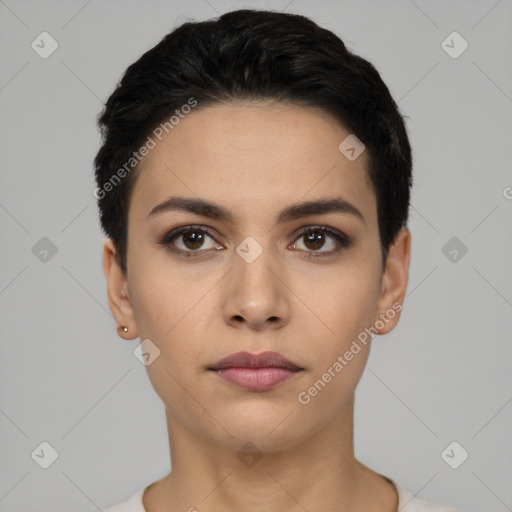 Neutral latino young-adult female with short  black hair and brown eyes