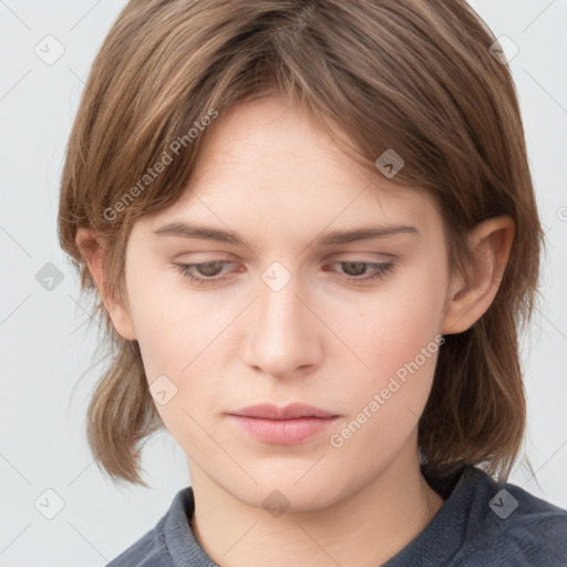 Neutral white young-adult female with medium  brown hair and grey eyes