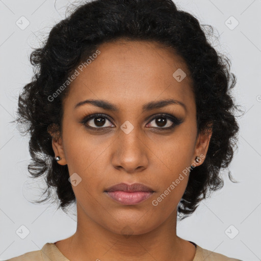 Neutral black young-adult female with long  brown hair and brown eyes