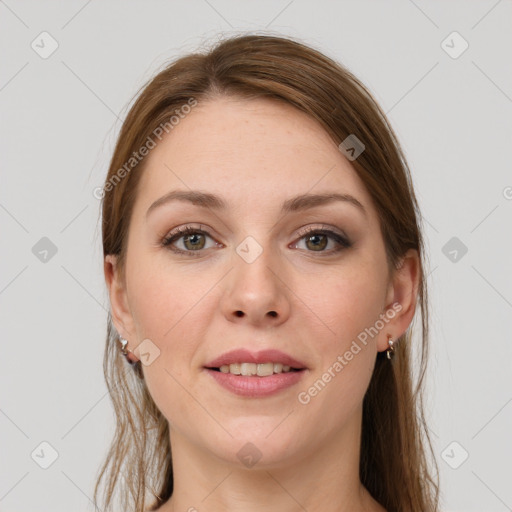 Joyful white young-adult female with long  brown hair and grey eyes