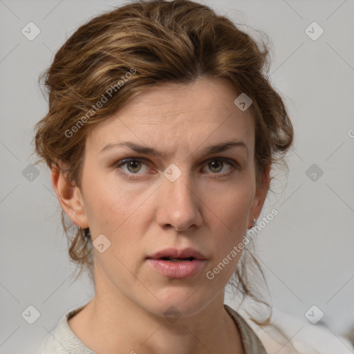 Neutral white young-adult female with medium  brown hair and grey eyes