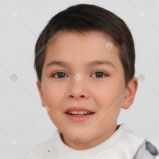 Joyful white child female with short  brown hair and brown eyes