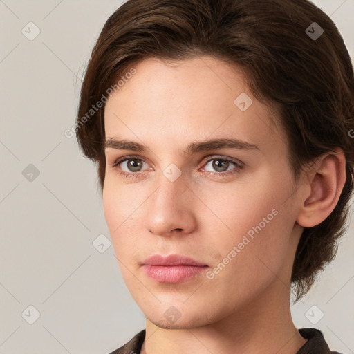 Neutral white young-adult female with medium  brown hair and grey eyes