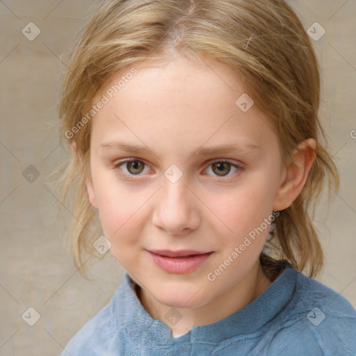 Joyful white child female with medium  brown hair and brown eyes